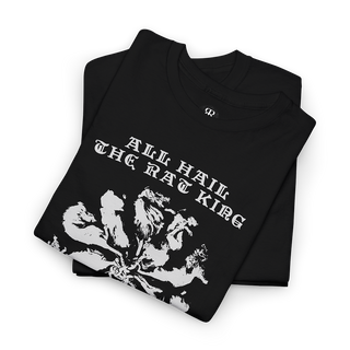 A black T-shirt with 'All Hail THE RAT KING' printed in white text and a white graphic of a rat king design.
