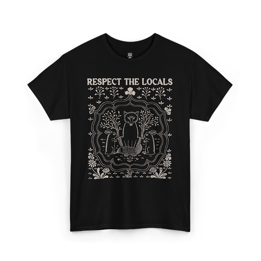 Black crew neck t-shirt with 'RESPECT THE LOCALS' text and a graphic design showing forest animals