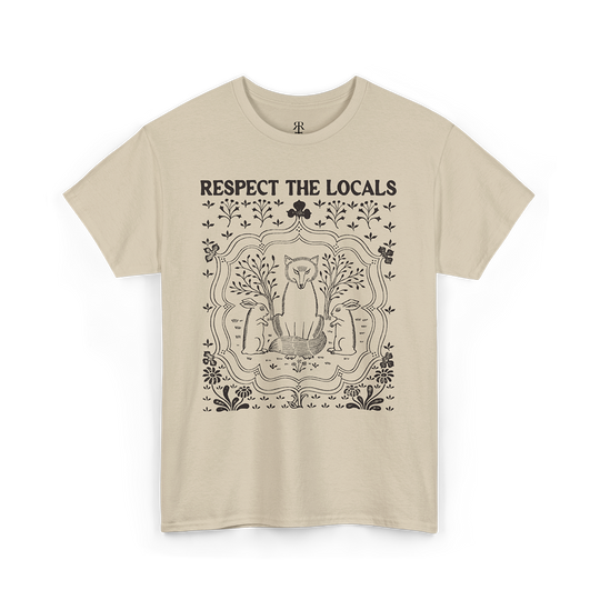 Sand crew neck t-shirt with 'RESPECT THE LOCALS' text and a graphic design showing forest animals