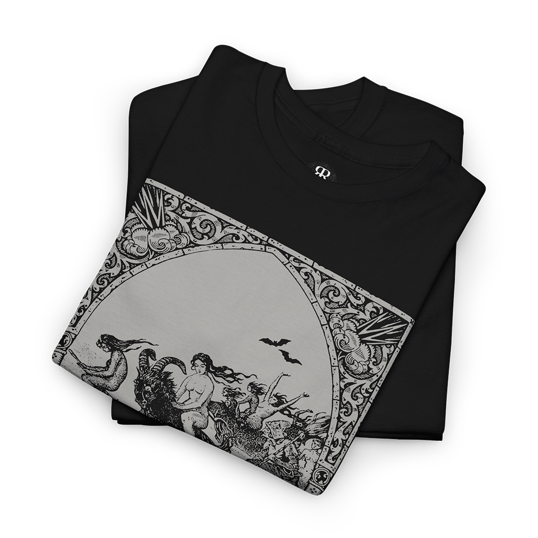 Black t-shirt with a graphic print depicting a scene with witches flying on brooms and engaging in satanic rituals, inspired by medieval woodcuts.