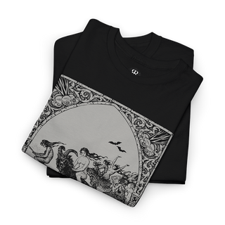 Black t-shirt with a graphic print depicting a scene with witches flying on brooms and engaging in satanic rituals, inspired by medieval woodcuts.