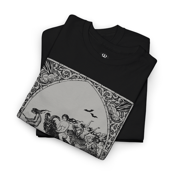 Black t-shirt with a graphic print depicting a scene with witches flying on brooms and engaging in satanic rituals, inspired by medieval woodcuts.