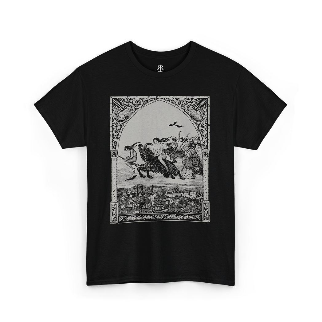 Black t-shirt with a graphic print depicting a scene with witches flying on brooms and engaging in satanic rituals, inspired by medieval woodcuts.