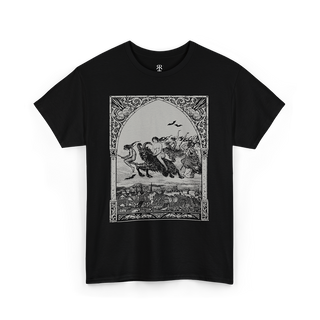 Black t-shirt with a graphic print depicting a scene with witches flying on brooms and engaging in satanic rituals, inspired by medieval woodcuts.