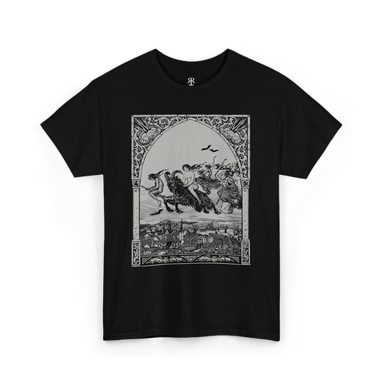 Black t-shirt with a graphic print depicting a scene with witches flying on brooms and engaging in satanic rituals, inspired by medieval woodcuts.