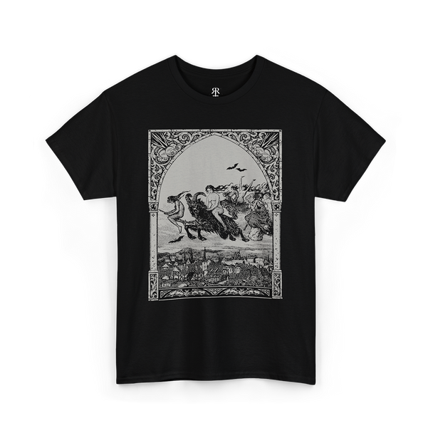 Black t-shirt with a graphic print depicting a scene with witches flying on brooms and engaging in satanic rituals, inspired by medieval woodcuts.