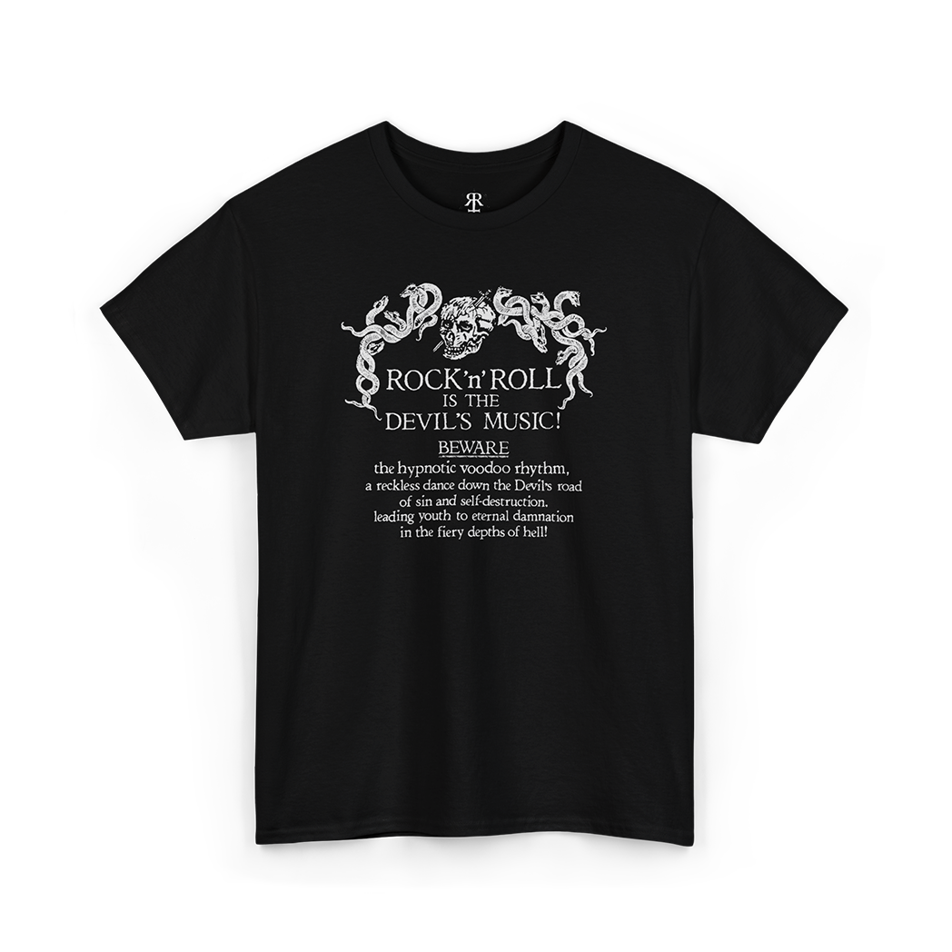 Black crew neck t-shirt with the phrase 'ROCK'N'ROLL IS THE DEVIL'S MUSIC' printed in white, along with decorative white designs around the text