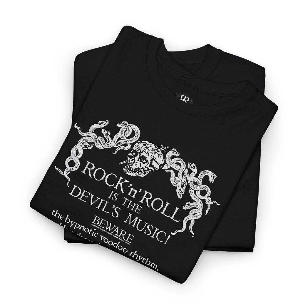 Black crew neck t-shirt with the phrase 'ROCK'N'ROLL IS THE DEVIL'S MUSIC' printed in white, along with decorative white designs around the text