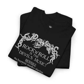 Black crew neck t-shirt with the phrase 'ROCK'N'ROLL IS THE DEVIL'S MUSIC' printed in white, along with decorative white designs around the text