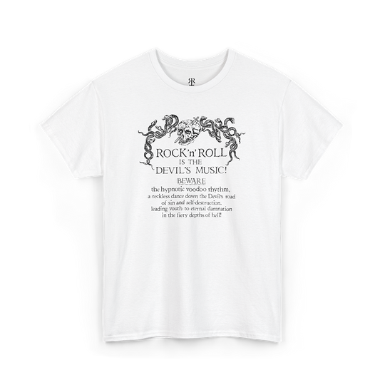 White crew neck t-shirt with the phrase 'ROCK'N'ROLL IS THE DEVIL'S MUSIC' printed in white, along with decorative white designs around the text