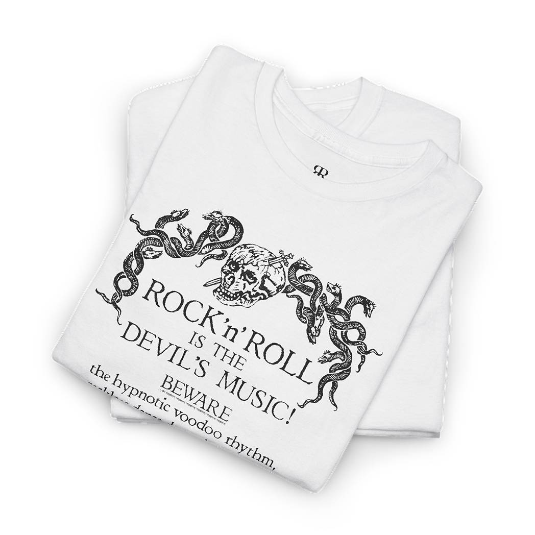 White crew neck t-shirt with the phrase 'ROCK'N'ROLL IS THE DEVIL'S MUSIC' printed in white, along with decorative white designs around the text