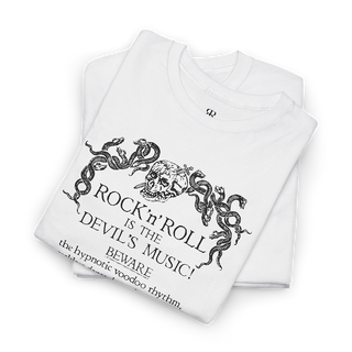 White crew neck t-shirt with the phrase 'ROCK'N'ROLL IS THE DEVIL'S MUSIC' printed in white, along with decorative white designs around the text