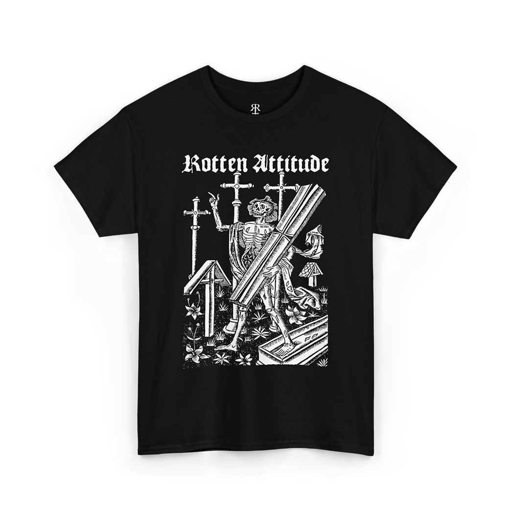 Black t-shirt with a graphic design and 'Rotten Attitude' text on a white background