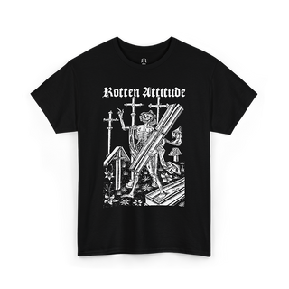 Black t-shirt with a graphic design and 'Rotten Attitude' text on a white background