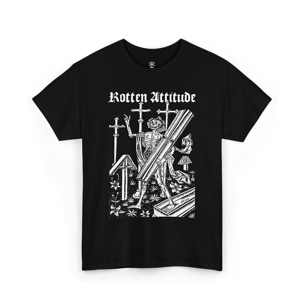 Black t-shirt with a graphic design and 'Rotten Attitude' text on a white background