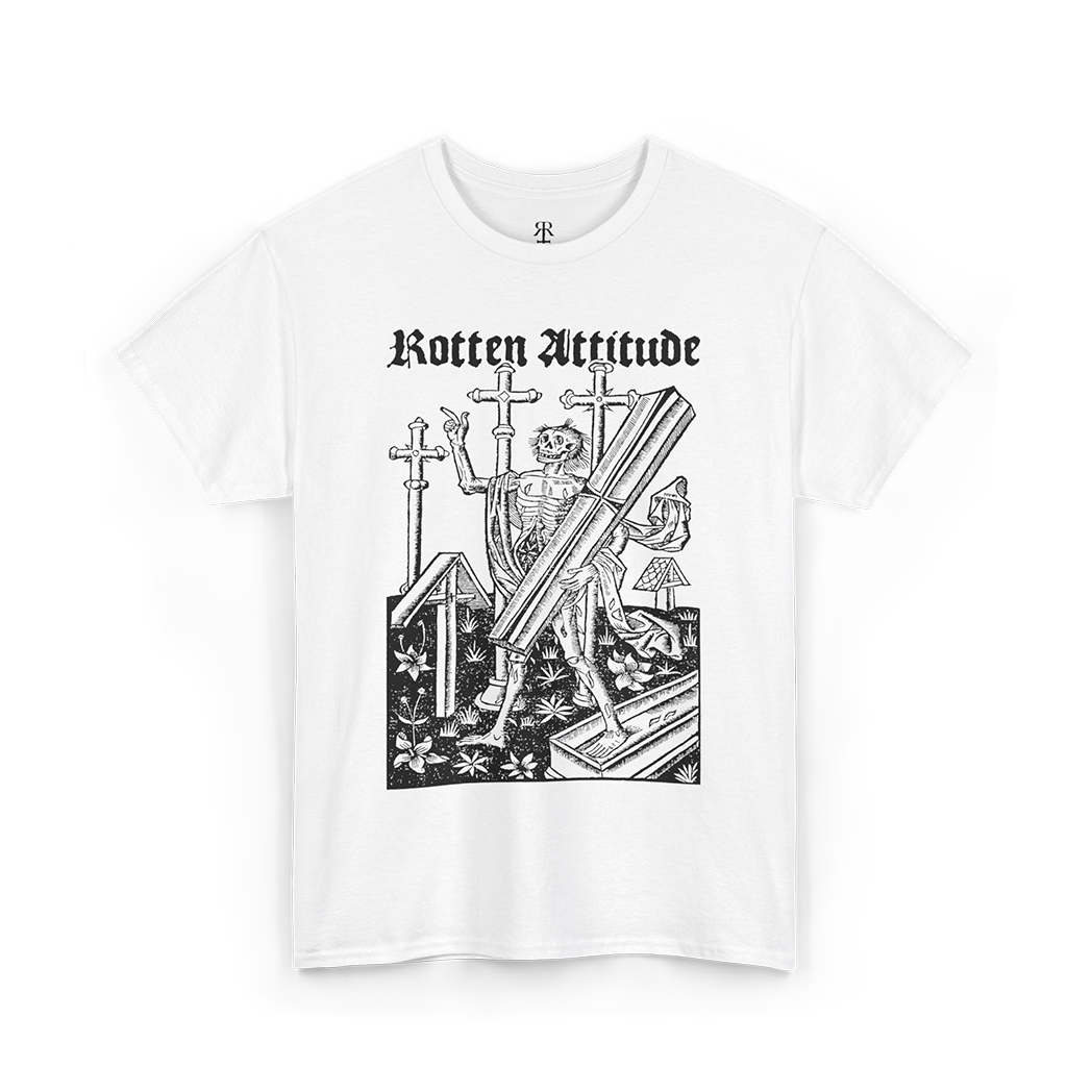 Black t-shirt with a graphic design and 'Rotten Attitude' text on a white background