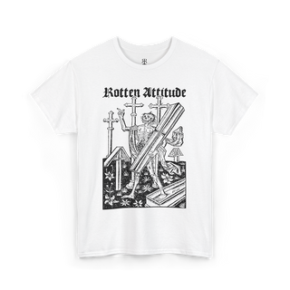 Black t-shirt with a graphic design and 'Rotten Attitude' text on a white background