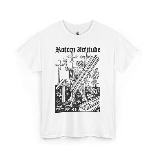 Black t-shirt with a graphic design and 'Rotten Attitude' text on a white background