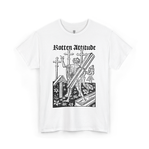 Black t-shirt with a graphic design and 'Rotten Attitude' text on a white background