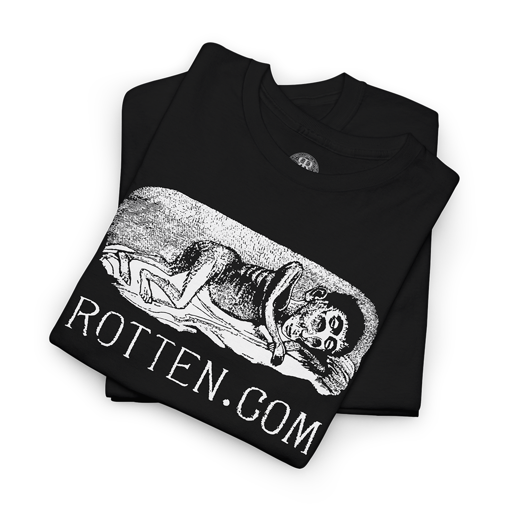Folded Black t-shirt with graphic design and 'ROTTEN.COM' text on a white background