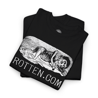 Folded Black t-shirt with graphic design and 'ROTTEN.COM' text on a white background