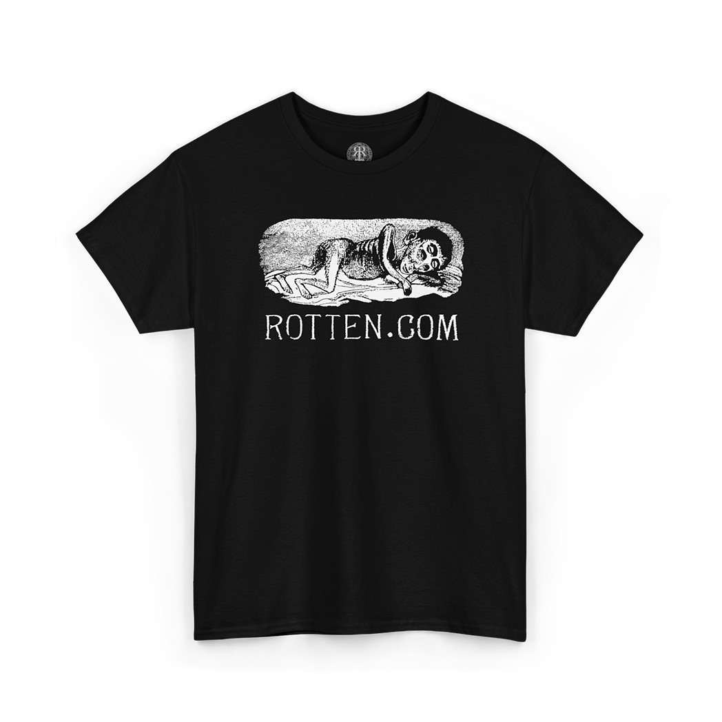 Black t-shirt with graphic design and 'ROTTEN.COM' text on a white background