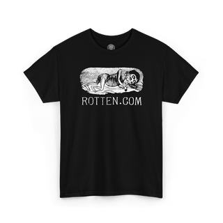 Black t-shirt with graphic design and 'ROTTEN.COM' text on a white background