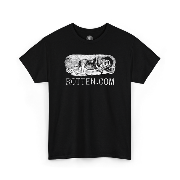 Black t-shirt with graphic design and 'ROTTEN.COM' text on a white background