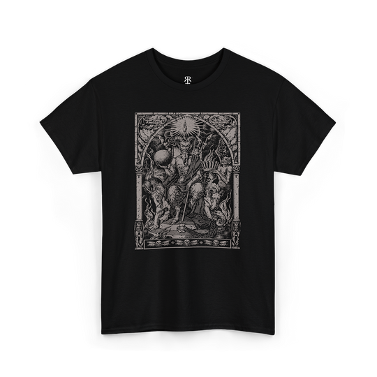 Black t-shirt with a graphic print of the Sabbatic Goat (Baphomet) on the front.