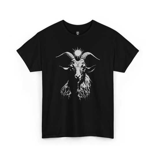 A black t-shirt with a white graphic print of the Sabbatic Goat of Mendes.
