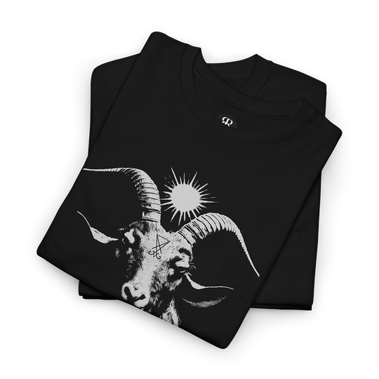 A black t-shirt with a white graphic print of the Sabbatic Goat of Mendes.