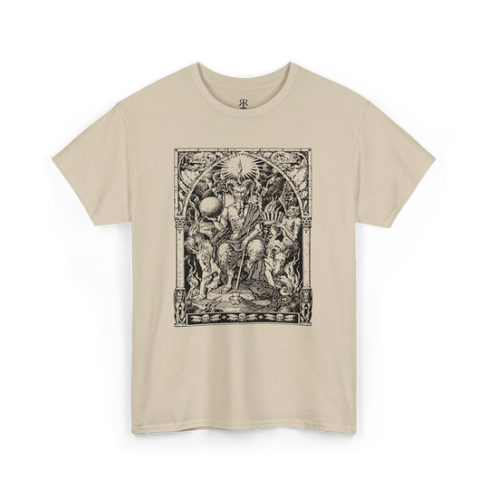 Sand t-shirt with a graphic print of the Sabbatic Goat (Baphomet) on the front.