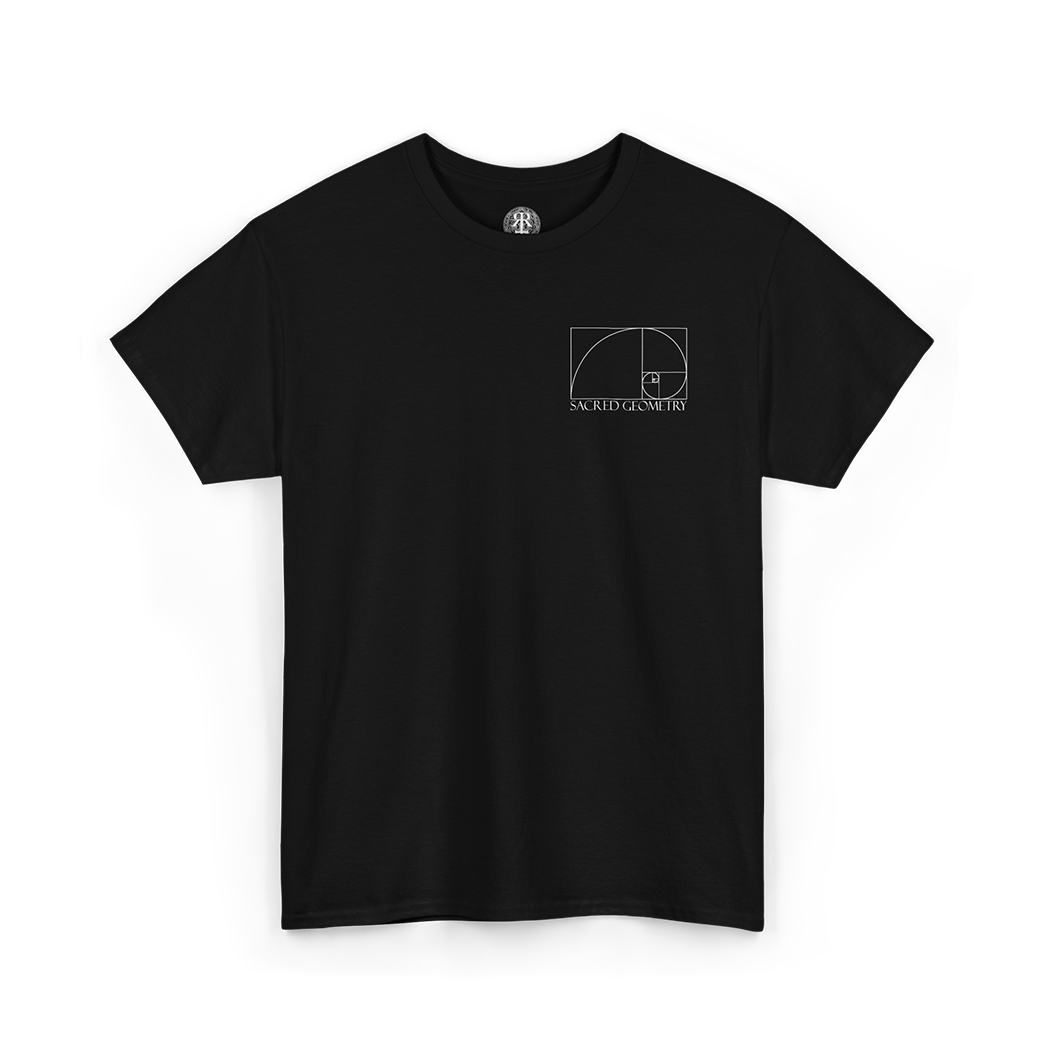 Front of Sacred Geometry T-Shirt, showing fibonacci spiral symbol
