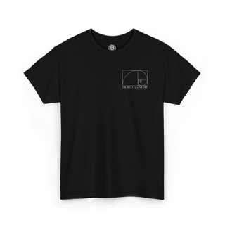 Front of Sacred Geometry T-Shirt, showing fibonacci spiral symbol