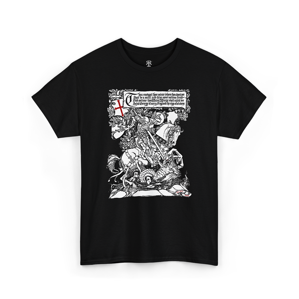 Black t-shirt featuring a graphic print of Saint George killing the dragon.