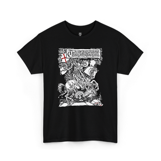 Black t-shirt featuring a graphic print of Saint George killing the dragon.