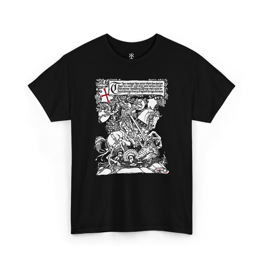 Black t-shirt featuring a graphic print of Saint George killing the dragon.