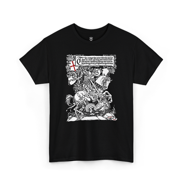 Black t-shirt featuring a graphic print of Saint George killing the dragon.