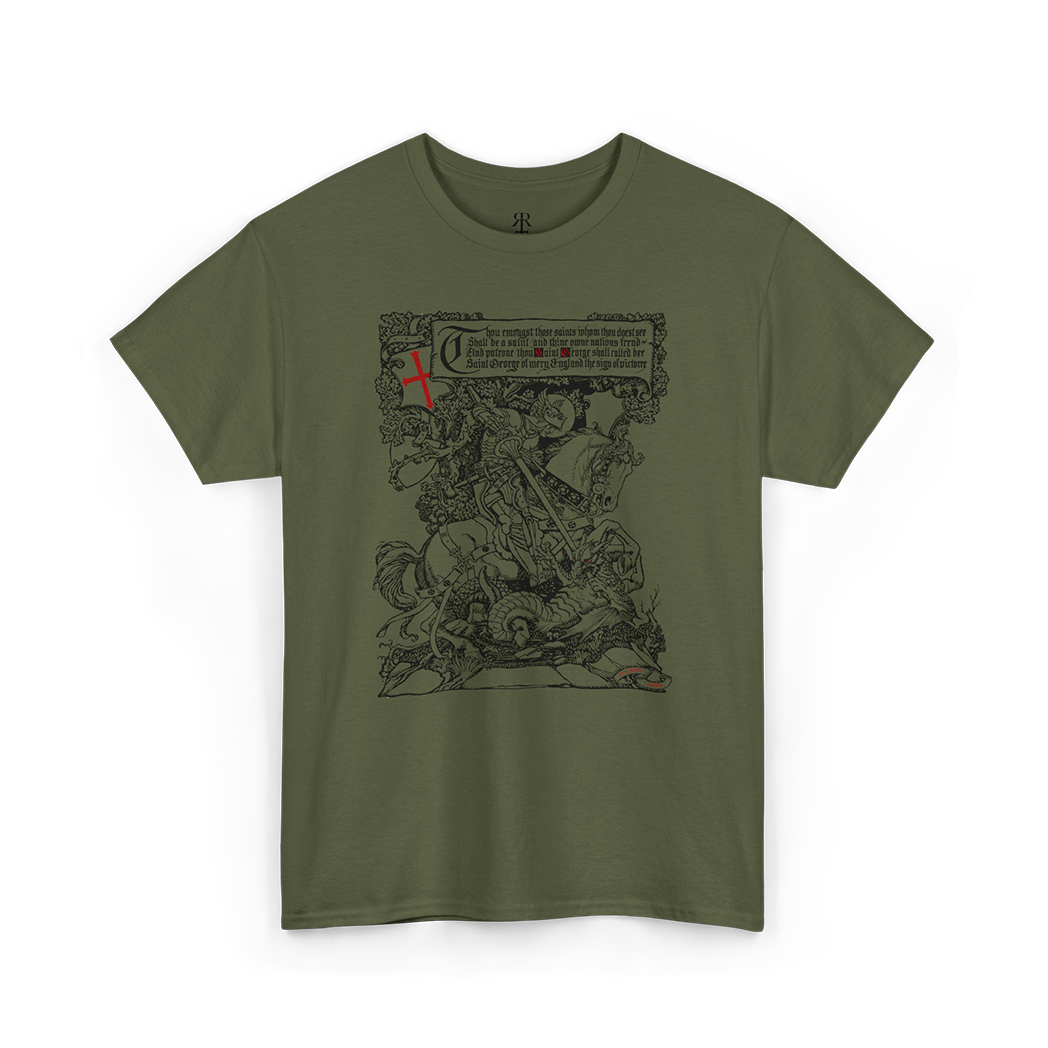 Olive green t-shirt featuring a graphic print of Saint George killing the dragon.
