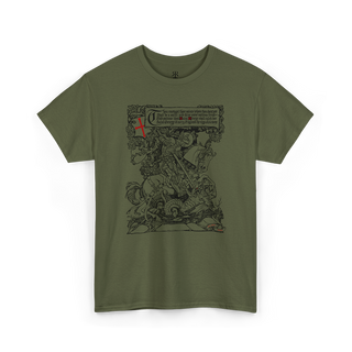Olive green t-shirt featuring a graphic print of Saint George killing the dragon.