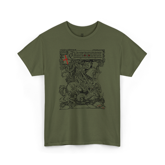 Olive green t-shirt featuring a graphic print of Saint George killing the dragon.