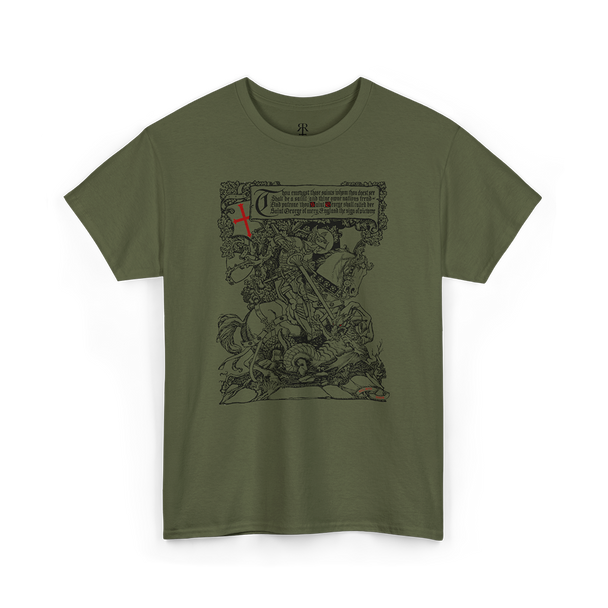 Olive green t-shirt featuring a graphic print of Saint George killing the dragon.