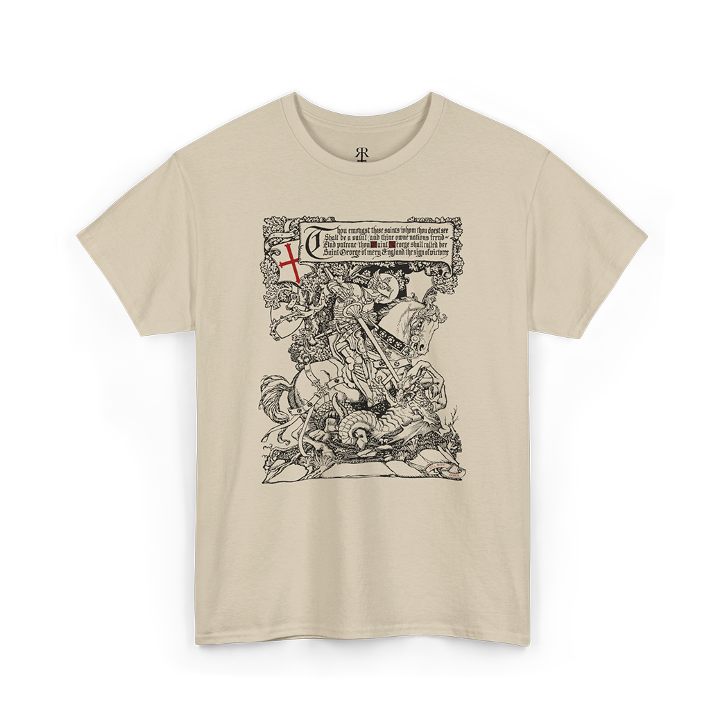 Sand t-shirt featuring a graphic print of Saint George killing the dragon.