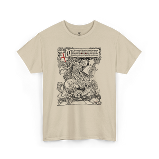 Sand t-shirt featuring a graphic print of Saint George killing the dragon.