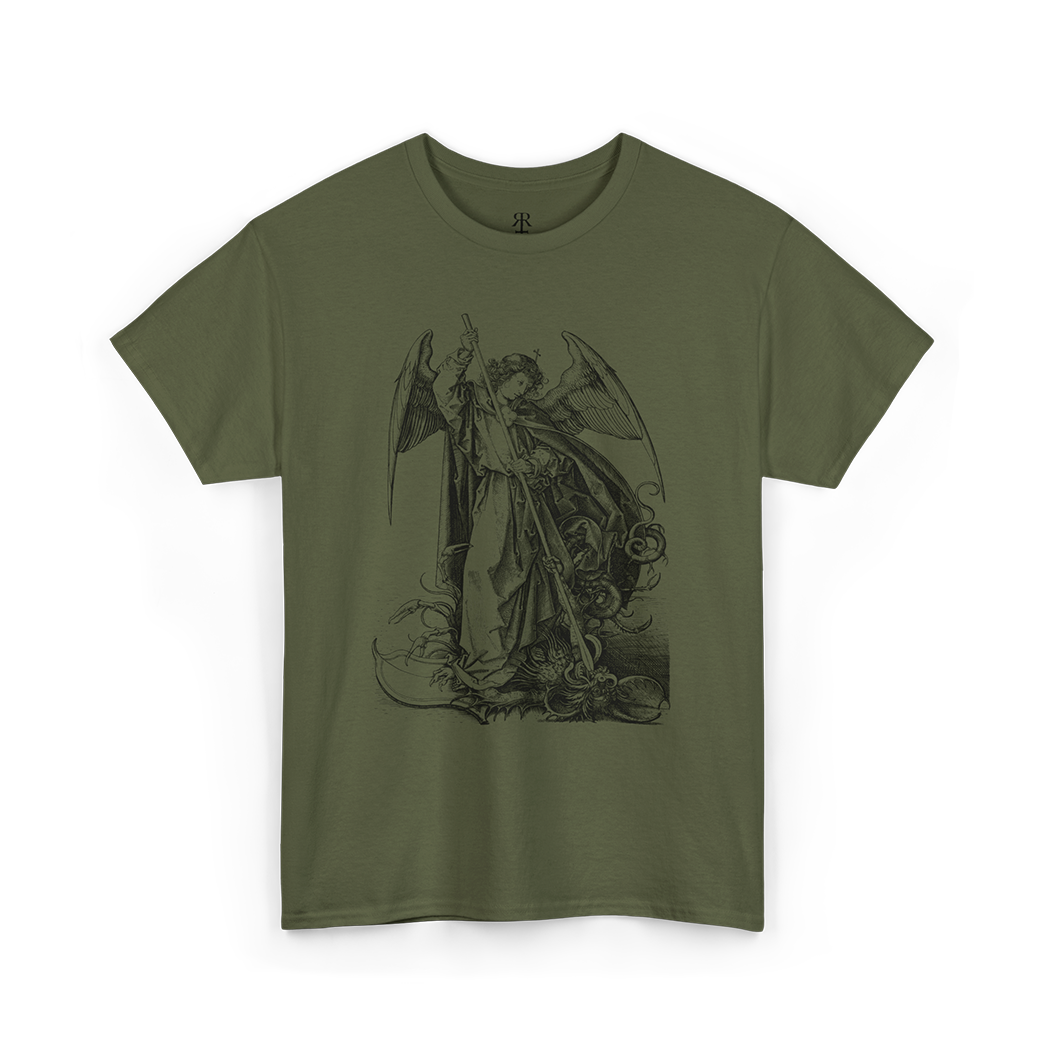 A olive green t-shirt featuring a black printed graphic of Saint Michael slaying the dragon.