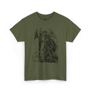A olive green t-shirt featuring a black printed graphic of Saint Michael slaying the dragon.
