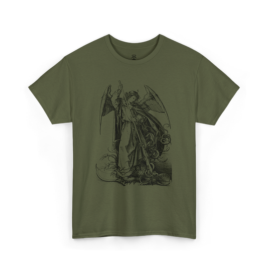 A olive green t-shirt featuring a black printed graphic of Saint Michael slaying the dragon.