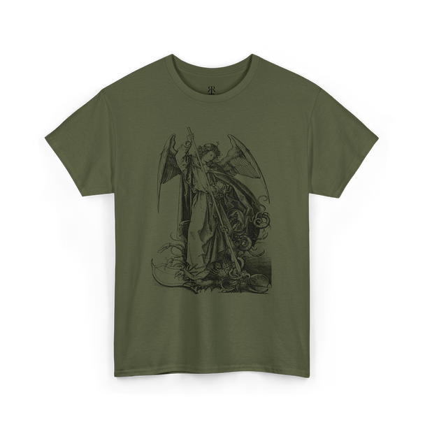 A olive green t-shirt featuring a black printed graphic of Saint Michael slaying the dragon.