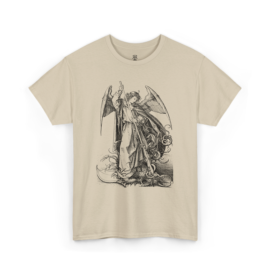 A sand t-shirt featuring a black printed graphic of Saint Michael slaying the dragon.