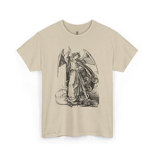 A sand t-shirt featuring a black printed graphic of Saint Michael slaying the dragon.